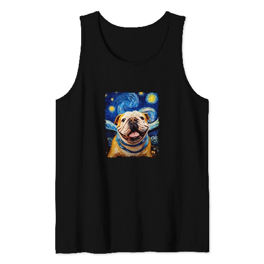 Selfie English Bulldog Starry Night Painting Van Gogh Funny Tank Tops