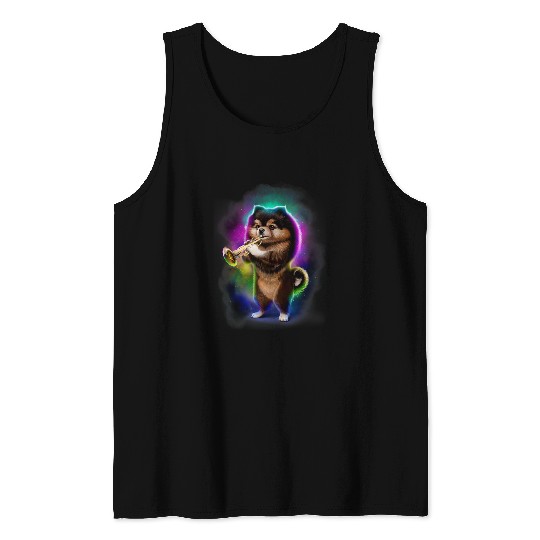 Pomeranian Dog Play Trumpet in Galaxy Rainbow Space Tank Tops