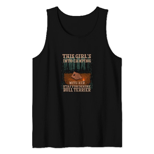 Girls Into Camping with Her Staffordshire Bull Terrier 1 Tank Tops