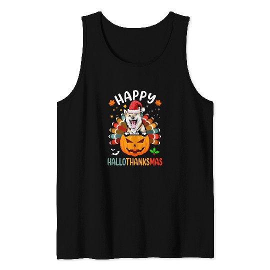 Dog Shiba Inu Happy Hallothanksmas Shiba Inu Dog Santa Pumpkin Turkey Tank Tops