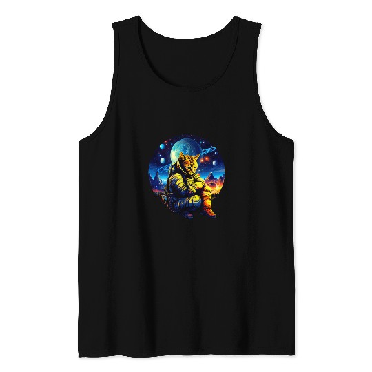 Sad Astronaut Cat In Outer Space Galaxy Cat Astronaut Design Tank Tops