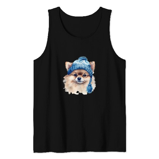 Pomeranian Pom Pom in Blue Winter Hat Cute Tank Tops