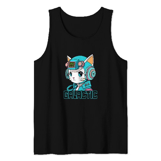 Manga Style Fun and Cute Kitten Astronaut Gamer Tank Tops