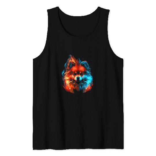 Pomeranian Retro Flames Cute Dog Art Blue Flame Tank Tops