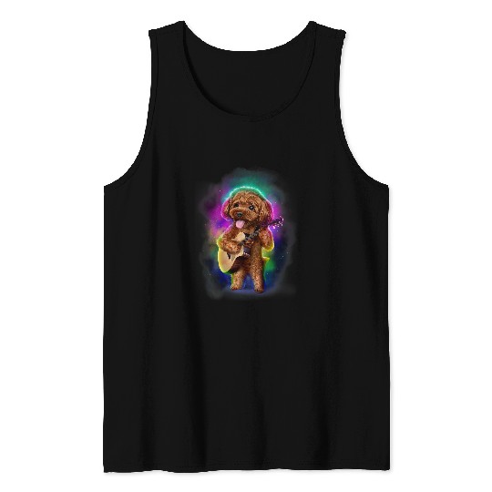 Poodle Dog Play Classical Guitar in Galaxy Rainbow Space Tank Tops