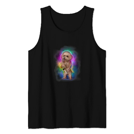 Toy Poodle Dog Play Saxophone in Galaxy Rainbow Space 1 Tank Tops