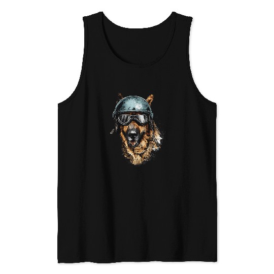 vintages Retro German Shepherd Dog Wearing Motorcycle Helmet Tank Tops