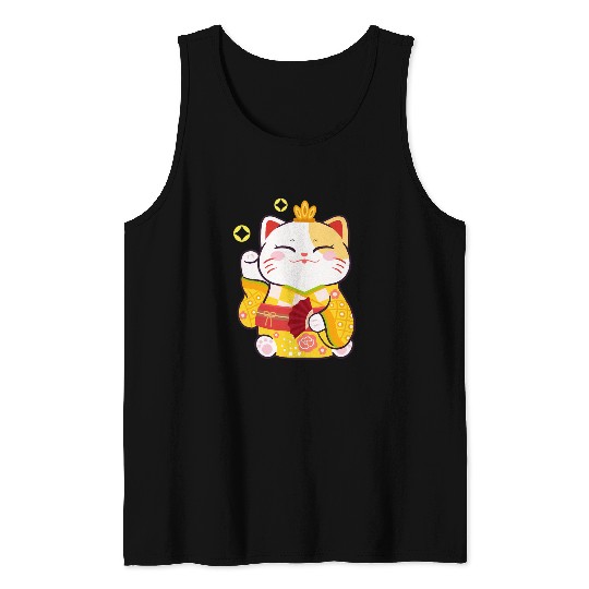 Mens Japanese Beckoning Cat Lucky Japan Manekineko Geisha Tank Tops