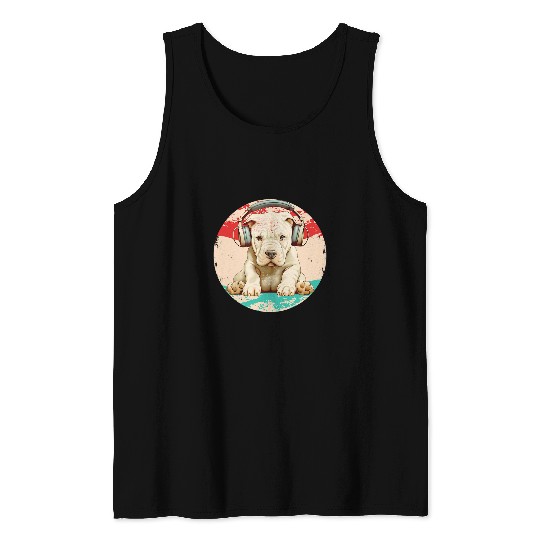 vintages Retro American Puppy Pitbull Dog Wearing Head Phones Tank Tops