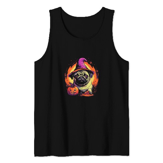 Pug Witch Hat Halloween Costume Dog Lover Puppy Pumpkin Tank Tops