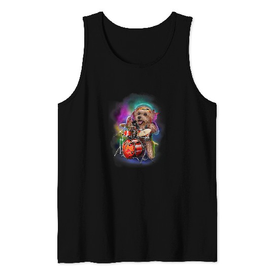 Toy Poodle Dog Play Drums in Galaxy Rainbow Space Tank Tops