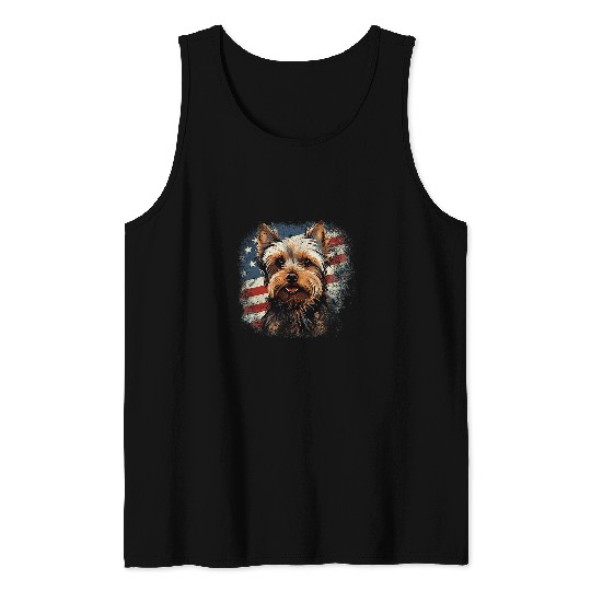 vintages Yorkie Yorkshire Terrier Dog Patriotic American Flag Tank Tops