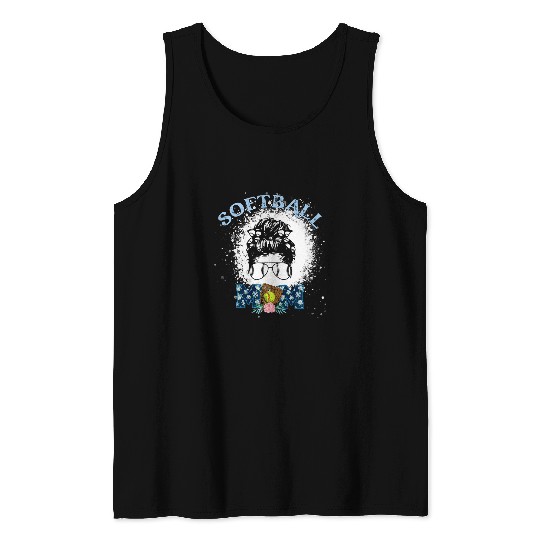 Womens Bleached Floral Softball Mom Messy Bun Tank Tops