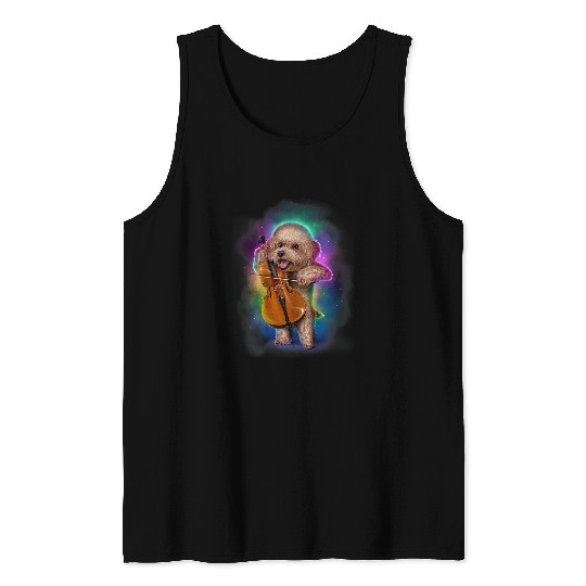 Toy Poodle Dog Play Cello in Galaxy Rainbow Space Tank Tops