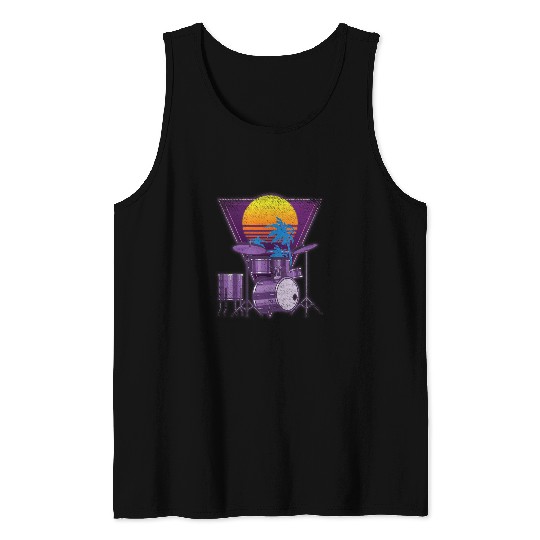 Vaporwave 90s Art Sunset Drummer Percussion Musician Drums Tank Tops