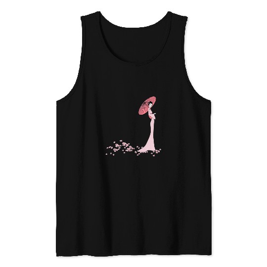 Pretty Japanese Geisha Girl Pink Parasol Cherry Blossoms Tank Tops