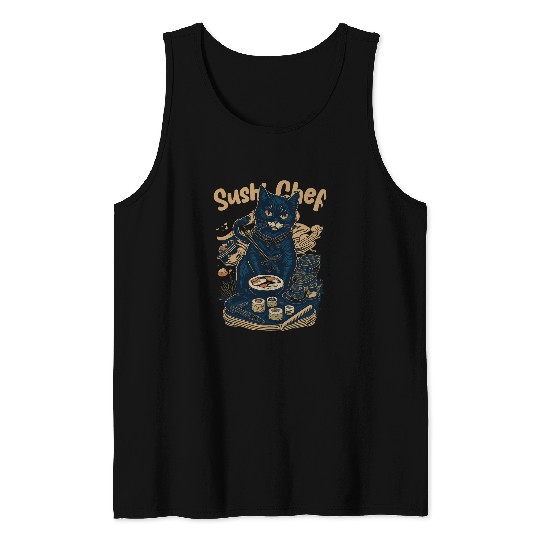 Sushi Cat Chef Retro JapaneseInspired Feline Culinary Tank Tops