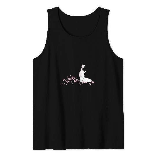 Pretty Japanese Geisha Girl With Bird Cherry Blossoms Tank Tops