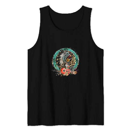 Western Bohemian Boho Leopard Native American Headdress Tank Tops