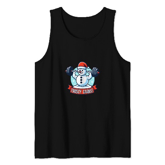 Snowman with Dumbbells and Frosty Gains Funny Holiday Gym Tank Tops