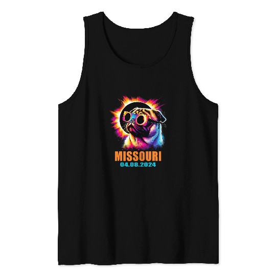 Missouri Total Solar Eclipse 2024 Pug Dog With Glasses Tank Tops