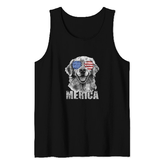 Merica Patriotic American Flag Golden Retriever Dog Lover Tank Tops