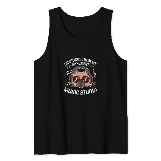 Musician Dog With Headphones Cool Pug Lover Basement Music Tank Tops