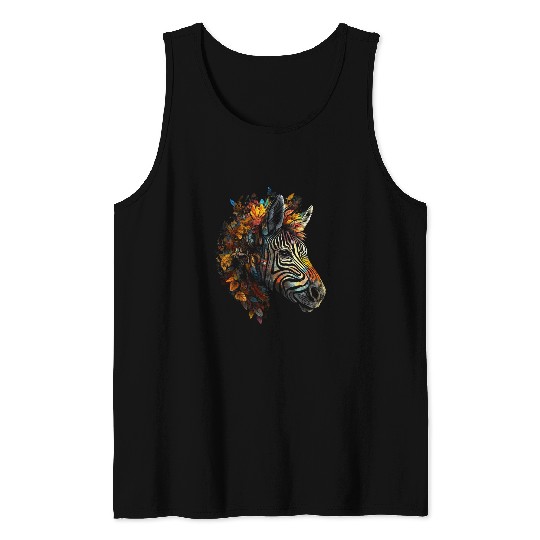 Zebra Autumn Leaves Colourful Art Animal Zoo Zebra Tank Tops