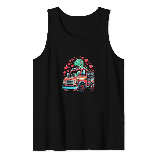 TRexs Fires Truck Hearts Valentines Day Firefighter for Boys Tank Tops