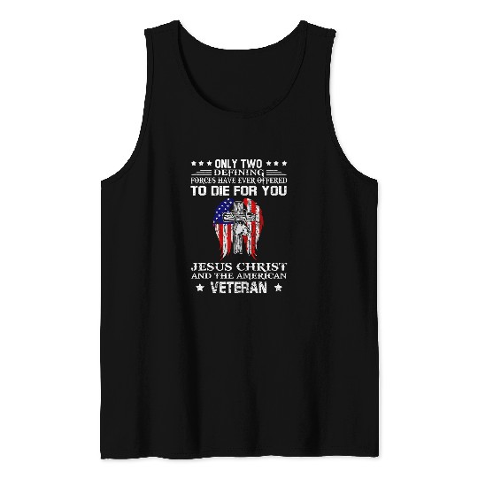 Jesus Christ And American Veteran Flag USA Christian Tank Tops