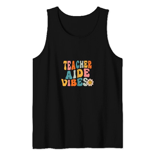 Teacher Aide Vibes Retro 1st Day of School Groovy Teacher Tank Tops