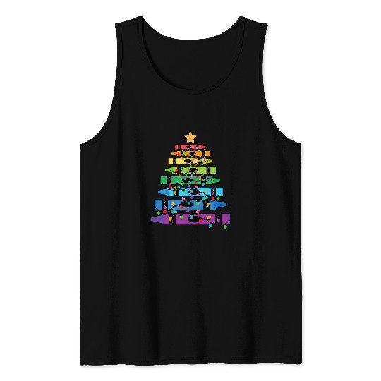 Teacher Crayon Christmas Tree Lights Student School Xmas Tank Tops