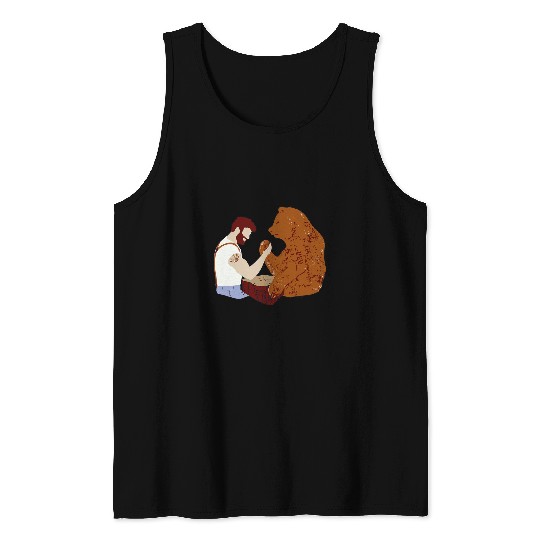 Guy arm wrestling with bear Tank Tops