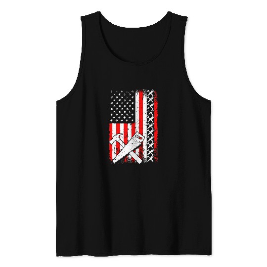 American Flag Carpenter Handyman Woodworker Hammer and Saw Tank Tops