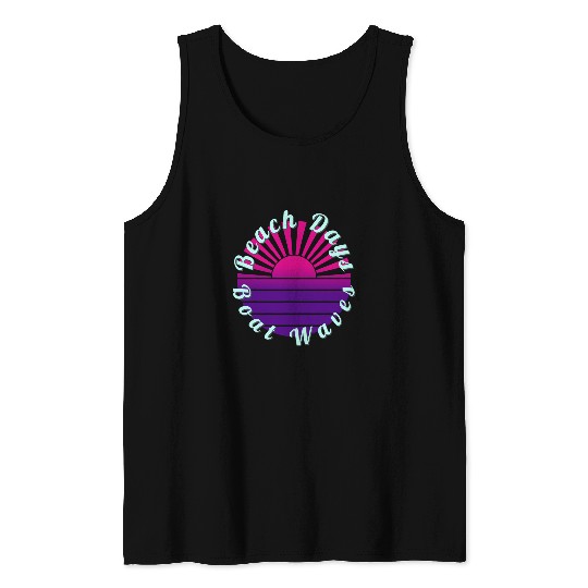 Beach Days Boat Waves Summer Vacation Pink Ocean Sunset 1 Tank Tops