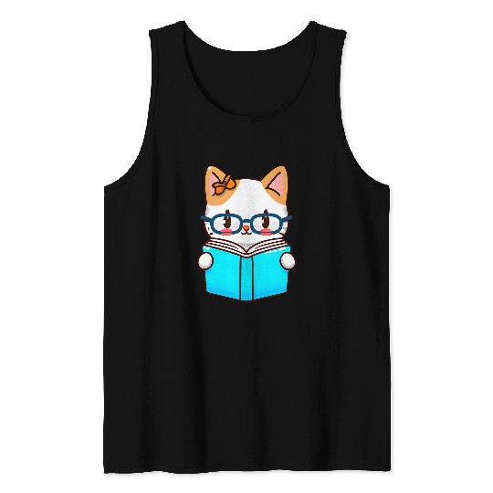 Kawaii Cats Book Lover Cat 3 Tank Tops