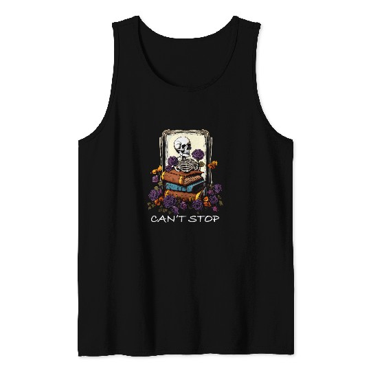 Cant Stop Floral Skeletons Reading Bookworm Reader Funny 2 Tank Tops