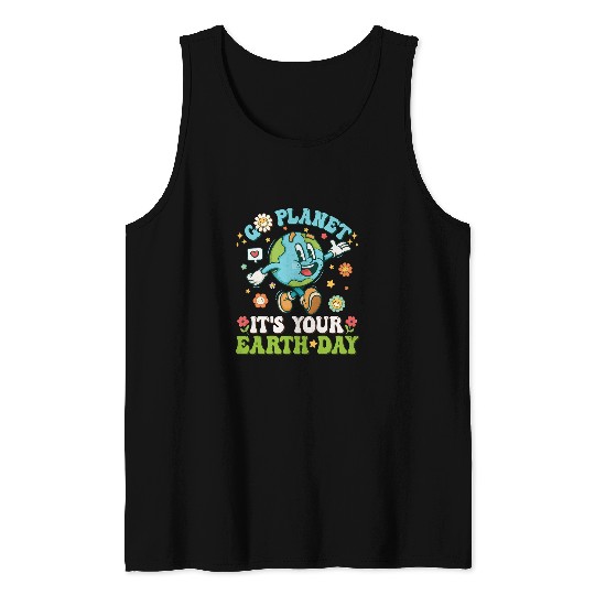 Go Planet Its Your Earth Day 2024 Retro Groovy Teacher Kids Tank Tops