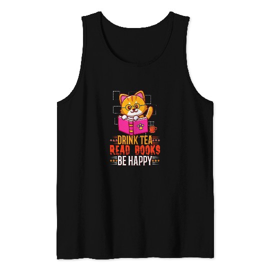 Kawaii Cat Drink Tea Read Books Happy Book Reading Bookworm Tank Tops