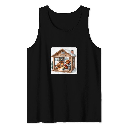 Beaver Reading Engineering Book In Rustic Cabin Fireplace Tank Tops