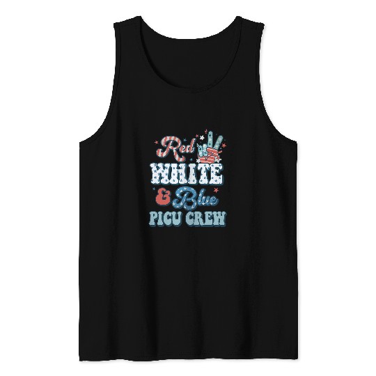 Retro Fourth Of July Vibes Red White Blue PICU nurses Crew Tank Tops