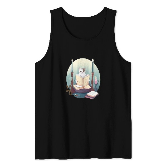 Cat Reading A Book in Cottagecore Aesthetic Tank Tops