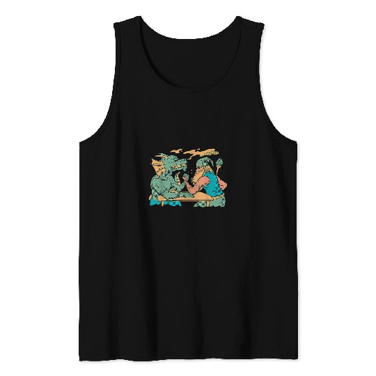 Dragon And Wizard Fantasy Arm Wrestling Dinosaur Samurai Tank Tops