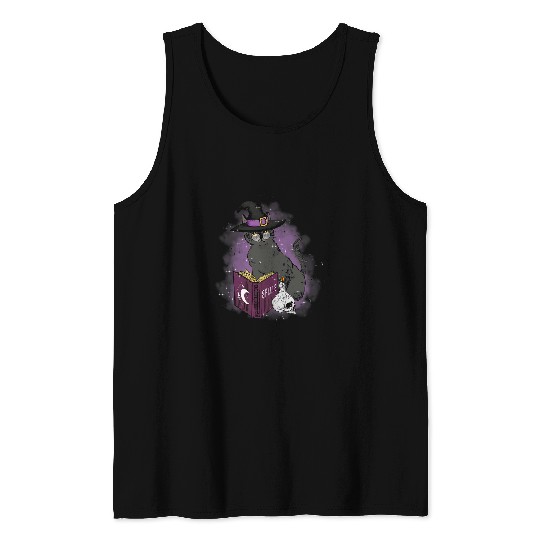 Cat and Witch Cats Spell Book Spiritual Design Tank Tops