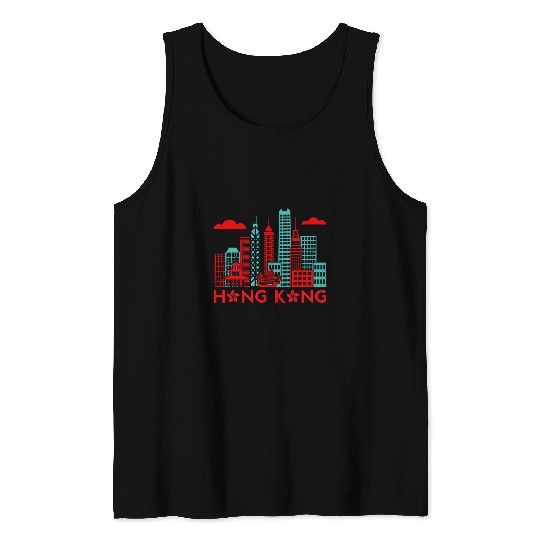 Hong Kong City Skyscraper Skyline Junk Boat Travel Souvenir Tank Tops