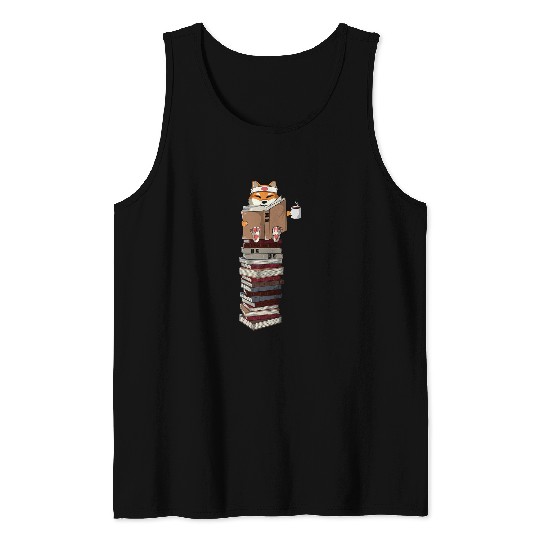 Anime Cute Reading Shiba Inu Coffee Lover Books Lover Tea Tank Tops