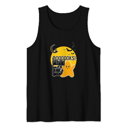 Booooks Cute Boo ghosts Book Reader Halloween Cat and Bat Tank Tops