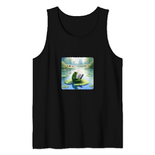 Frog Reading Philosophy Book On Water Lily Pond Mirrored Tank Tops