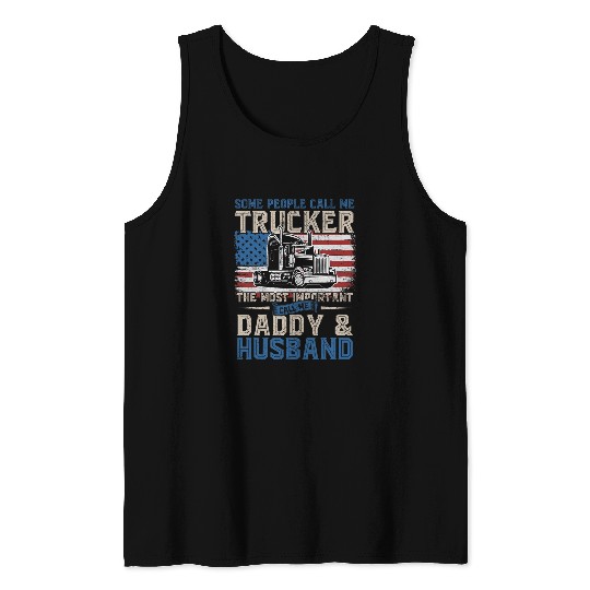 Semi Truck Driver Trucker Daddy Husband US American Flag Tank Tops