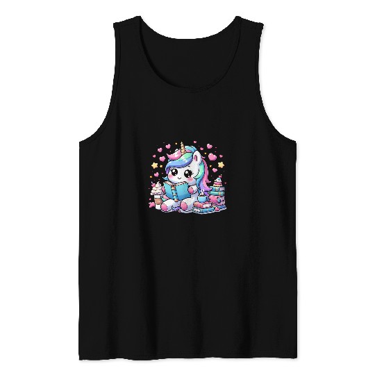 Funny Anime Kawaii Rainbow Unicorns Reading Books Coffee 3 Tank Tops